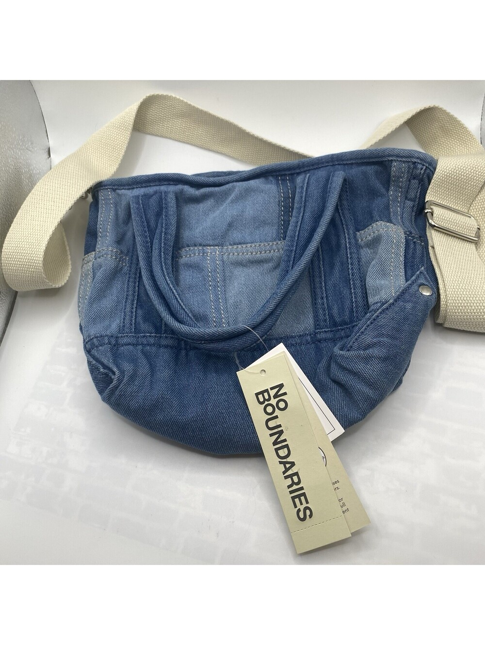 No Boundaries Blue Denim Patchwork Convertible Crossbody Tote Bag Purse NWT